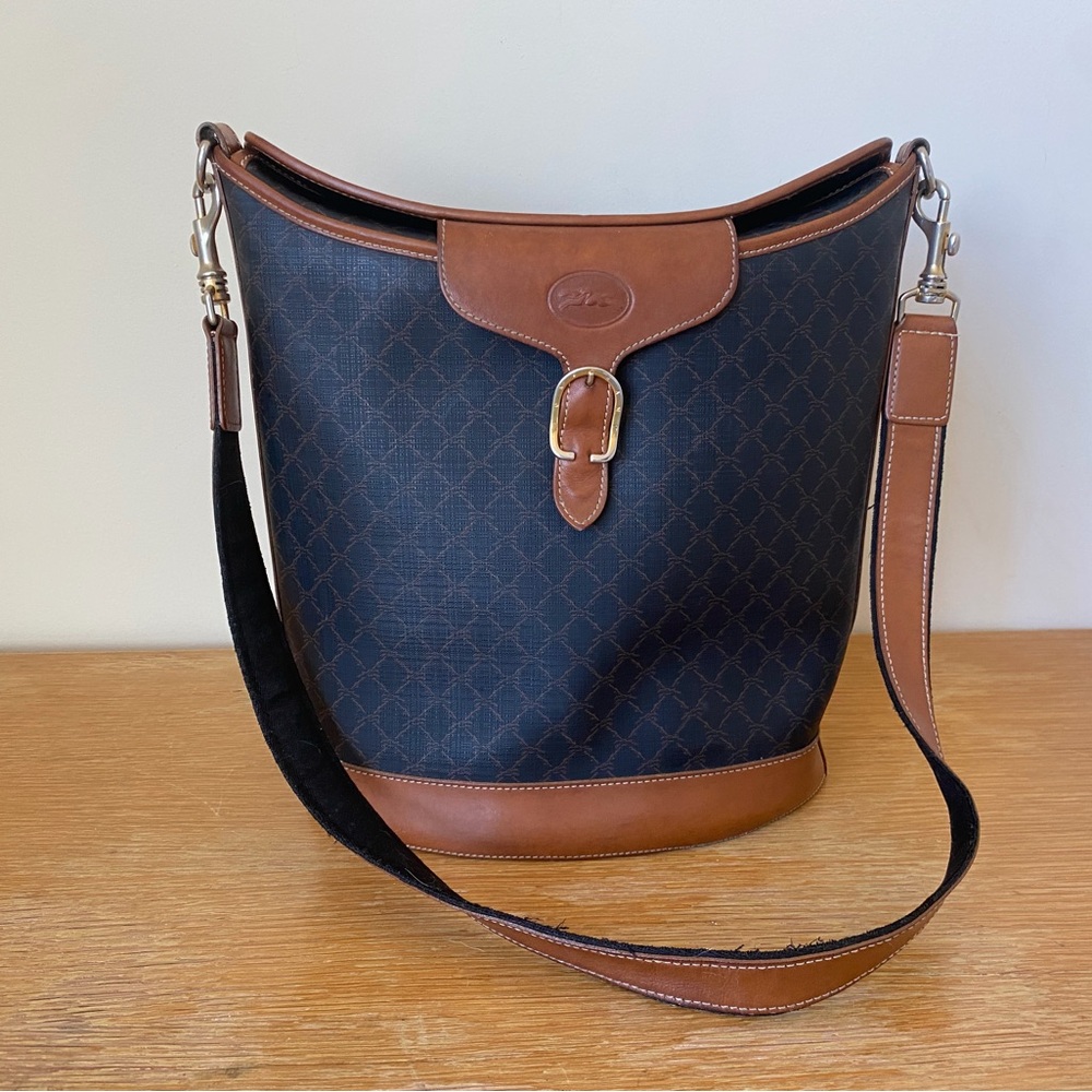 Vintage Longchamp Monogram Bucket Bag - Cognac Leather Trim